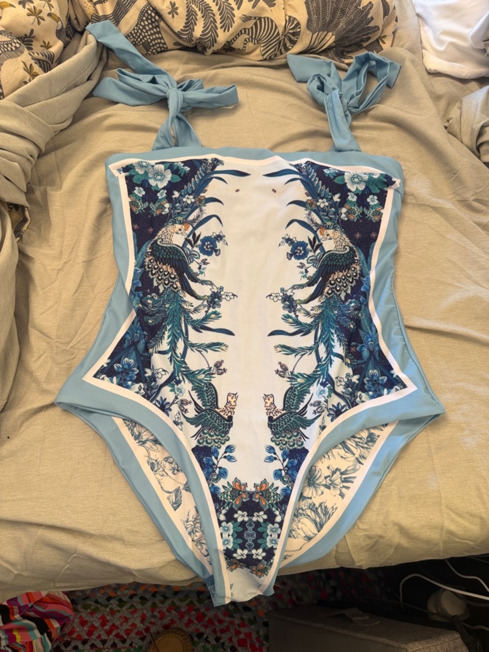 Light Blue Floral Peafowl One-Piece Swimsuit with Tie Straps
